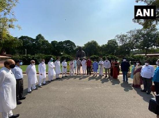 Opposition members stage walkout from Rajya Sabha, protest in Parliament premises