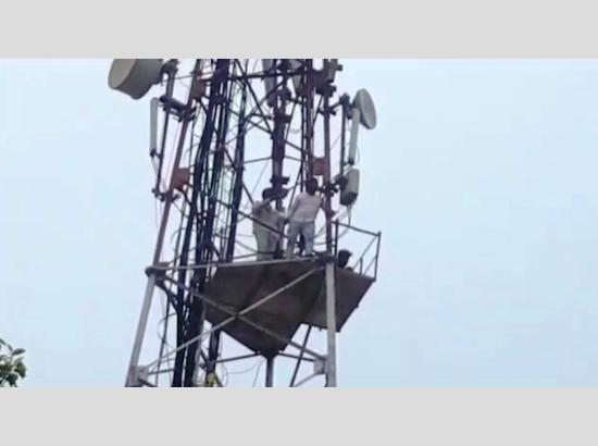 BSNL three contract workers climb atop tower, wait for wages continues