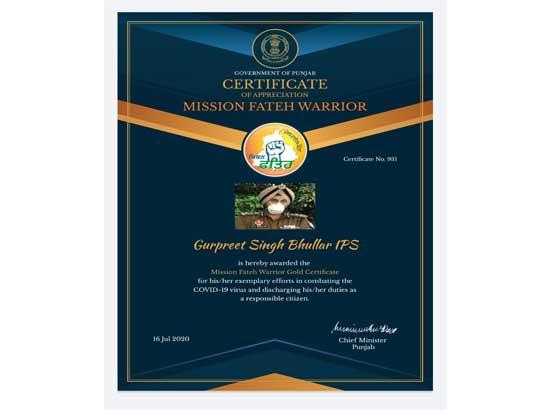 CP Jalandhar bags Gold Certificate under Mission Fateh Warriors contest 
