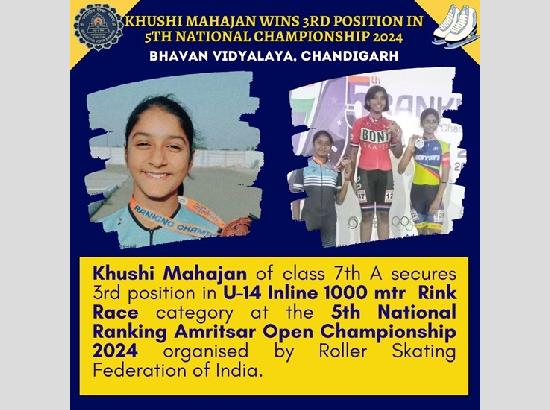 Khushi Mahajan of Bhavan Vidyalaya, Chandigarh wins third place in 5th National Championship 2024