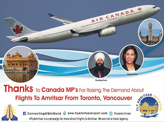 Toronto & Vancouver to Amritsar flights demand raised in Canadian Parliament

