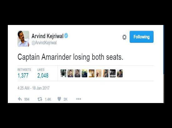 Captain Amarinder losing both seats, tweets Kejriwal