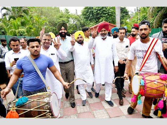 'AAP' leaders celebrates the victory of Jalandhar West by-election at the party office Cha