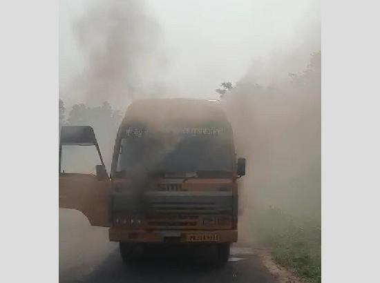 SGGS World University Staff had a narrow escape as staff bus coming from Chandigarh got fire 
