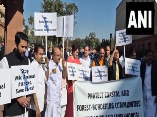 Congress MPs stage protest over protection of coastal, forest-bordering communities of Kerala in Parliament complex
