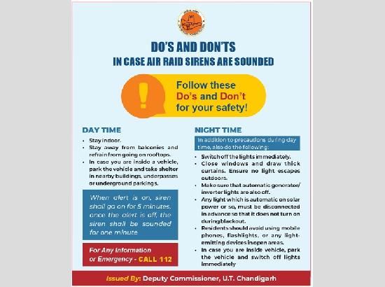 Chandigarh issues Do’s and Don’ts for public safety during Sirens