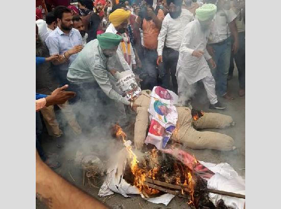 Aam Aadmi Party burns effigies of Captain and Bittu on sacred-unconsecrated seat issue