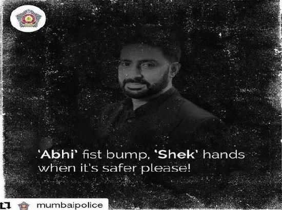 Abhishek Bachchan shares poster by Mumbai Police: 'Abhi' fist bump, 'Shek' hands later please!'